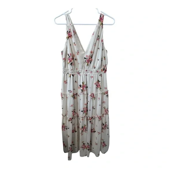 Cream and Pink Plunge Neck Midi Sundress for Wedding Guests - Picture 2 of 8